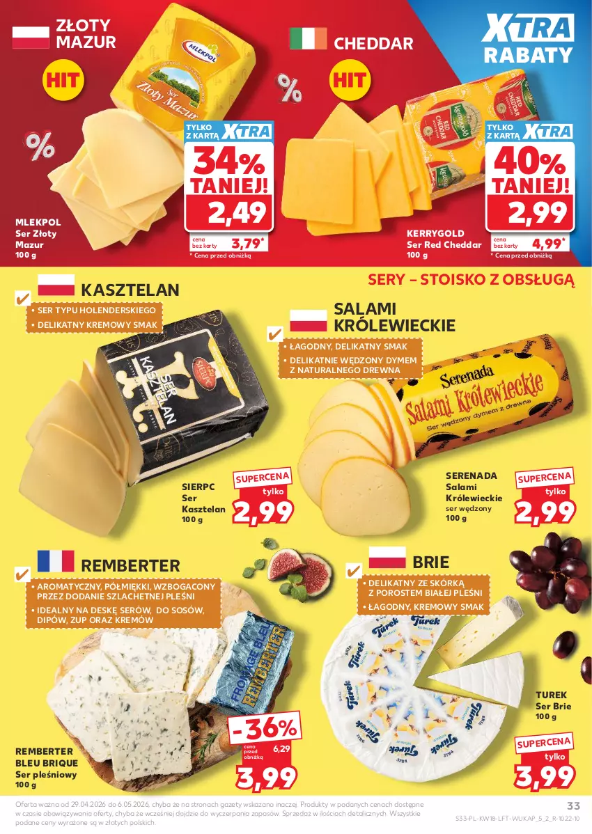 Gazetka promocyjna Kaufland - Gazetka tygodnia - ważna 29.04 do 06.05.2026 - strona 33 - produkty: Brie, Cheddar, Kasztelan, Por, Salami, Ser, Ser Kasztelan, Ser pleśniowy, Sos, Złoty Mazur