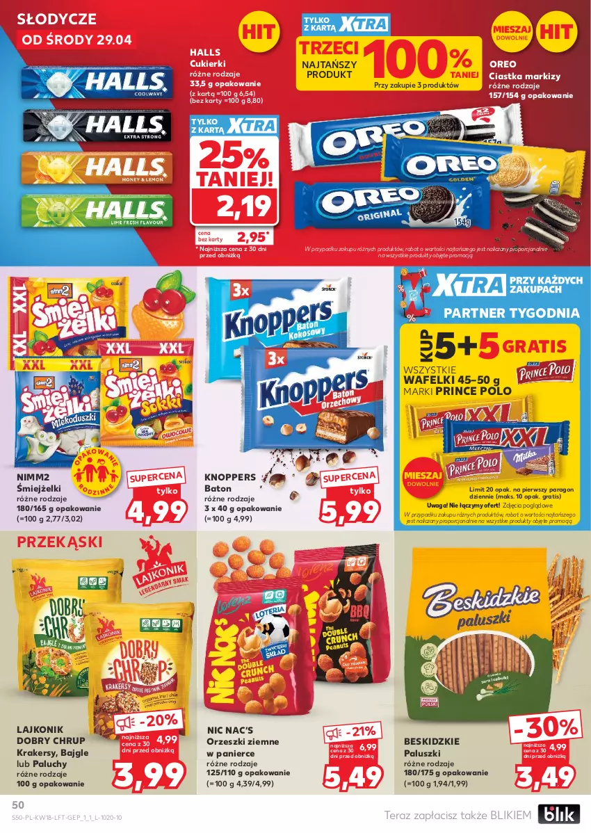 Gazetka promocyjna Kaufland - Gazetka tygodnia - ważna 29.04 do 06.05.2026 - strona 50 - produkty: Bajgle, Baton, Beskidzki, Beskidzkie paluszki, Ciastka, Cukier, Cukierki, Gra, Halls, Knoppers, Krakersy, Lajkonik, Nimm2, Oreo, Orzeszki, Orzeszki ziemne, Por, Prince Polo, Tera, Waga