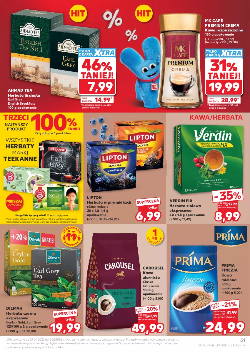 Gazetka promocyjna Kaufland - Gazetka tygodnia - ważna 29.04 do 06.05.2026 - strona 51 - produkty: Dilmah, Earl Grey, Fa, Herbata, Herbata czarna, Kawa, Kawa mielona, Kawa rozpuszczalna, Kawa ziarnista, Lipton, Por, Prima, Teekanne, Waga