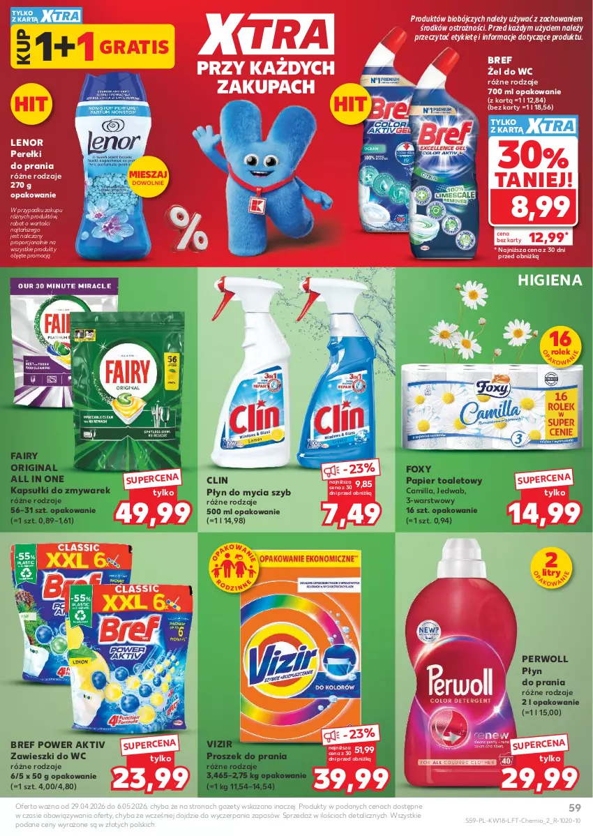 Gazetka promocyjna Kaufland - Gazetka tygodnia - ważna 29.04 do 06.05.2026 - strona 59 - produkty: Bref, Clin, Fa, Fairy, Foxy, Gin, Gra, Lenor, Papier, Papier toaletowy, Perwoll, Płyn do mycia, Płyn do prania, Por, Proszek do prania, Vizir, Zawieszki