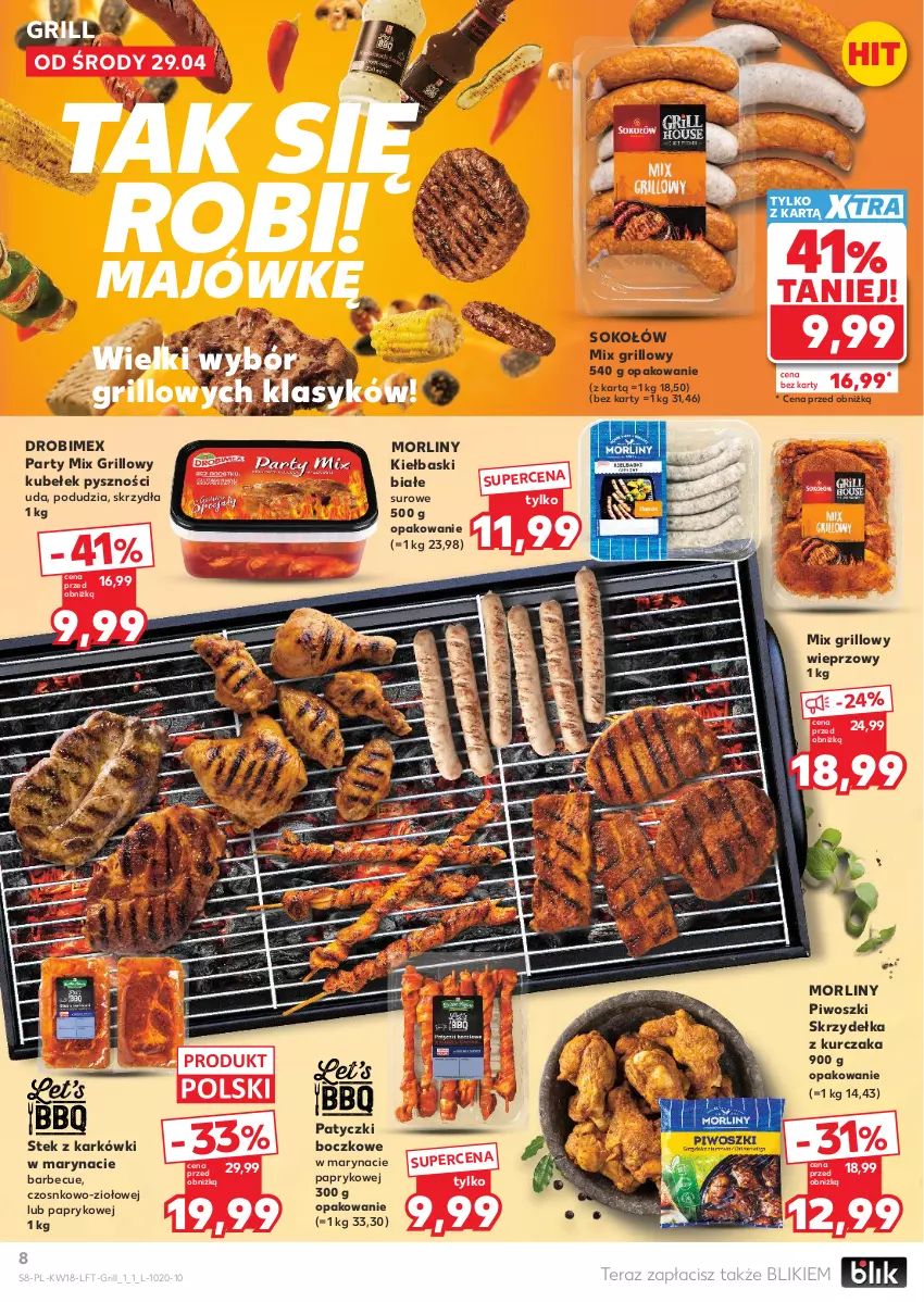 Gazetka promocyjna Kaufland - Gazetka tygodnia - ważna 29.04 do 06.05.2026 - strona 8 - produkty: Drobimex, Grill, Kiełbaski białe, Kurczak, Morliny, Piwo, Skrzydełka z kurczaka, Sok, Sokołów, Stek, Tera
