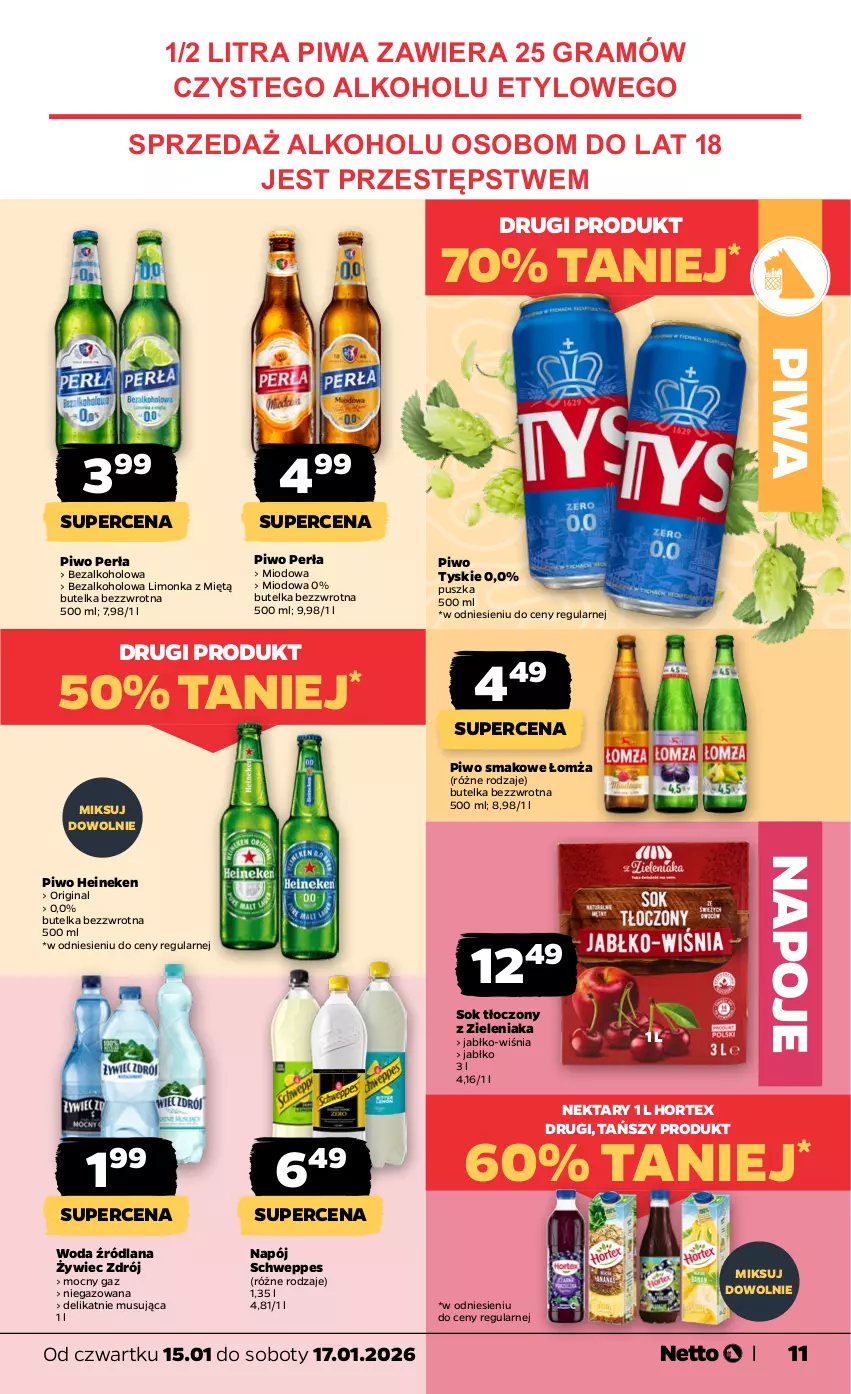 Gazetka promocyjna Netto - Od Czwartku - ważna 15.01 do 17.01.2026 - strona 11 - produkty: Gin, Gra, Heineken, Hortex, LANA, Limonka, Mus, Napój, Napoje, Nektar, Perła, Piwa, Piwo, Schweppes, Sok, Tyskie, Woda