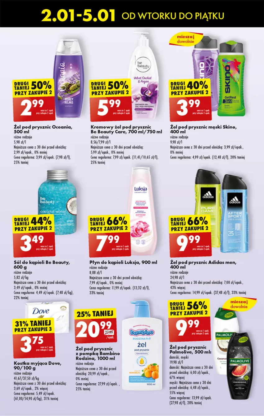 Gazetka promocyjna Biedronka - Od wtorku - ważna 02.01 do 05.01.2024 - strona 49 - produkty: Adidas, Be Be, Dove, Kostka myjąca, Luksja, Palmolive, Płyn do kąpieli