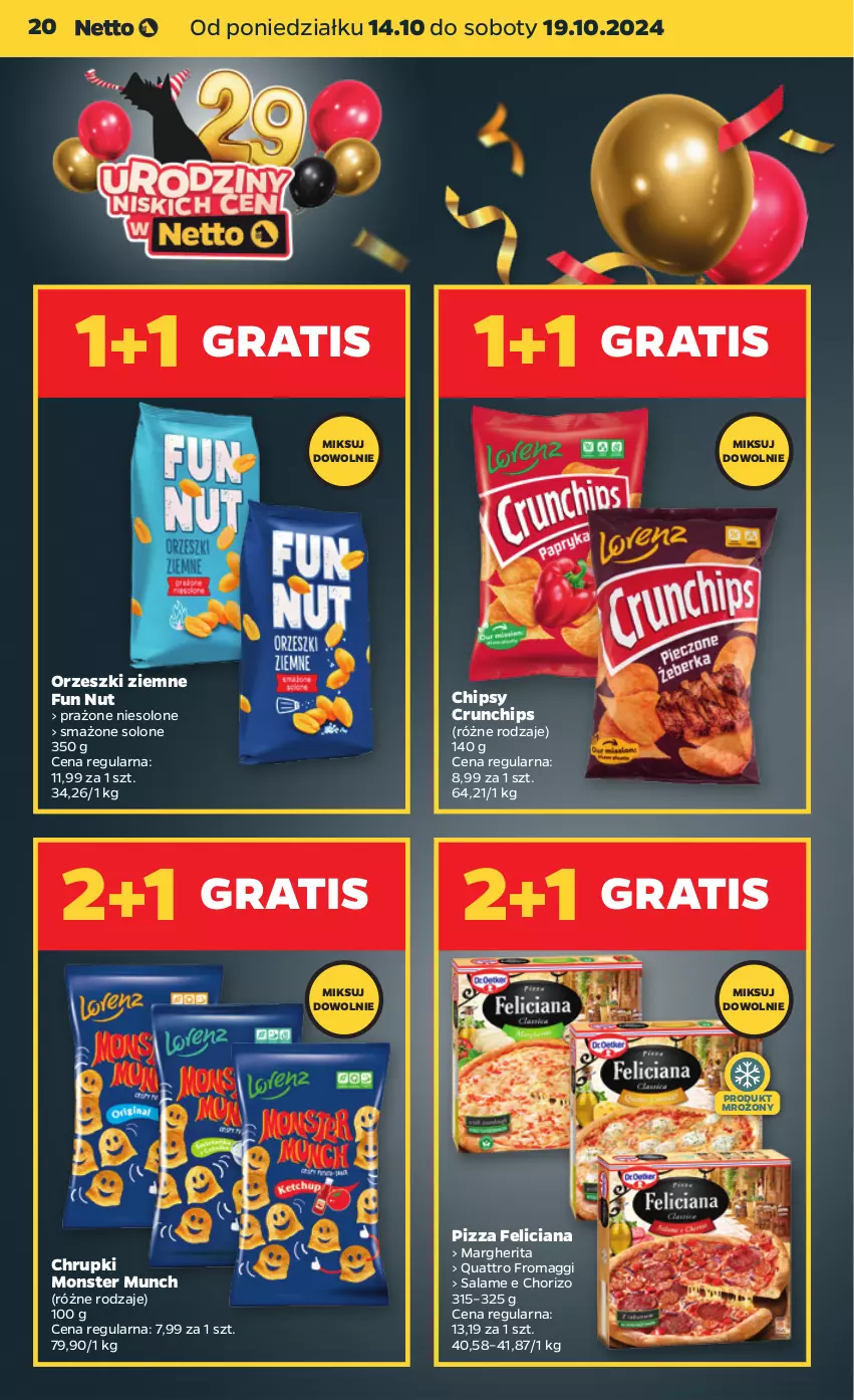 Gazetka promocyjna Netto - Netto Gazetka Food 42/24A - ważna 14.10 do 19.10.2024 - strona 20 - produkty: Chipsy, Chrupki, Crunchips, Feliciana, Gra, Maggi, Monster Munch, Orzeszki, Orzeszki ziemne, Pizza