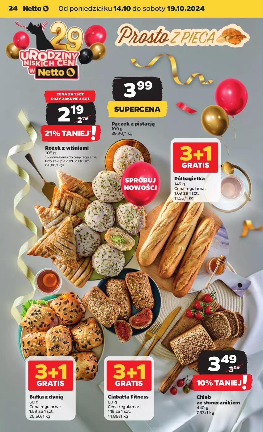 Gazetka promocyjna Netto - Netto Gazetka Food 42/24A - ważna 14.10 do 19.10.2024 - strona 24 - produkty: Bagietka, Bułka, Chleb, Ciabatta, Dynią, Pączek, Półbagietka