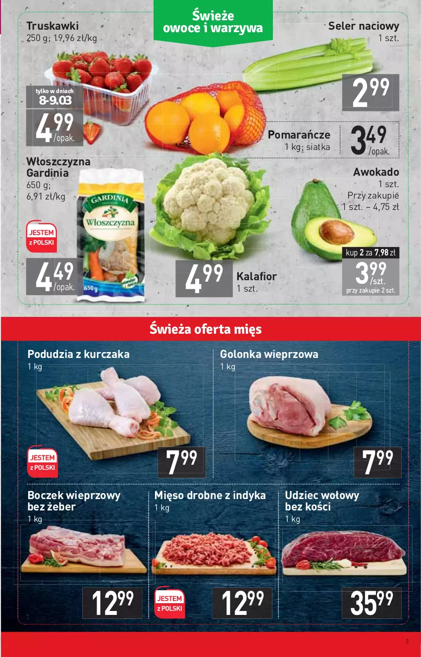 Gazetka promocyjna Stokrotka - Market - ważna 03.03 do 09.03.2022 - strona 3 - produkty: Boczek, Boczek wieprzowy, Golonka wieprzowa, Kalafior, Kurczak, Mięso, Pomarańcze, Seler naciowy, Siatka, Truskawki, Udziec wołowy