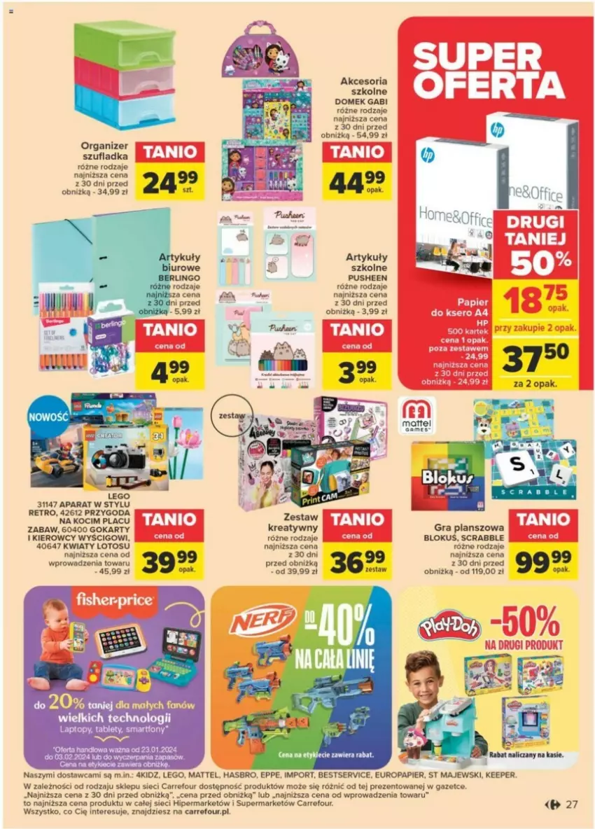 Gazetka promocyjna Carrefour - ważna 23.01 do 03.02.2024 - strona 22 - produkty: Gra, Hasbro, Koc, LEGO, Mattel, Organizer, Papier, Por, Scrabble, Ser