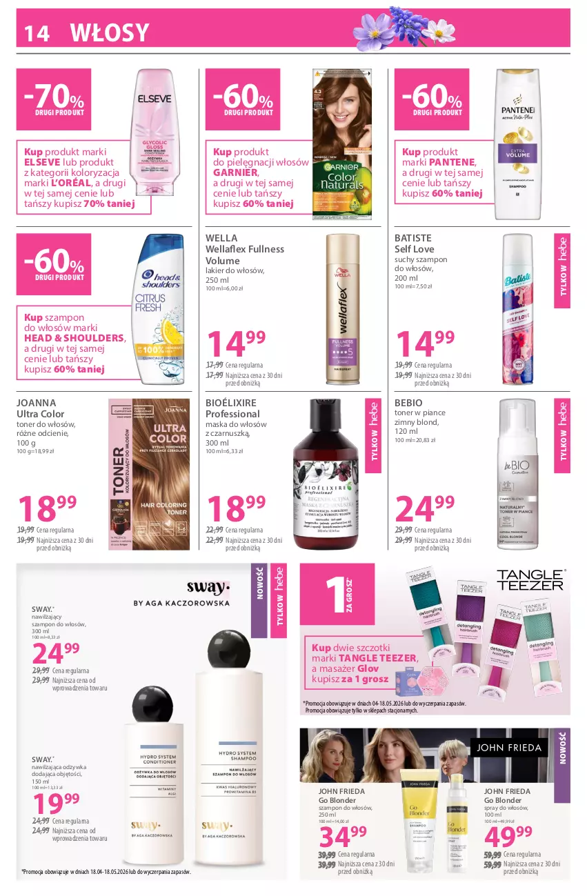 Gazetka promocyjna Hebe - Gazetka - ważna 04.05 do 18.05.2026 - strona 14 - produkty: Batiste, Elseve, Garnier, Joanna, John frieda, L’Oréal, Lakier, Lakier do włosów, Masażer, Maska, Maska do włosów, Odżywka, Pantene, Suchy szampon, Szampon, Tangle Teezer, Wella, Wellaflex