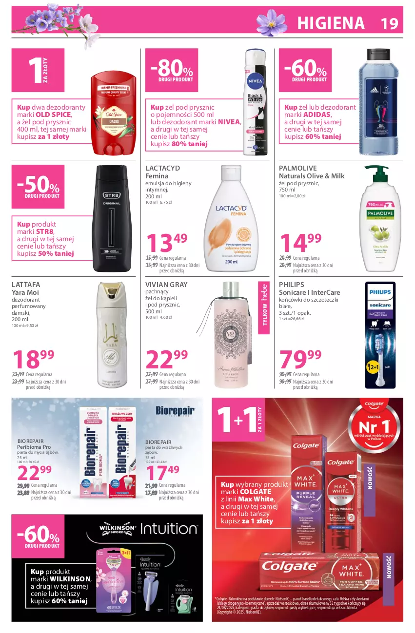 Gazetka promocyjna Hebe - Gazetka - ważna 04.05 do 18.05.2026 - strona 19 - produkty: Adidas, Biorepair, Colgate, Dezodorant, Emulsja, Fa, Gra, Końcówki do szczoteczk, Lactacyd, LG, Nivea, Old Spice, Palmolive, Pasta do zębów, Perfum, Philips, Str8
