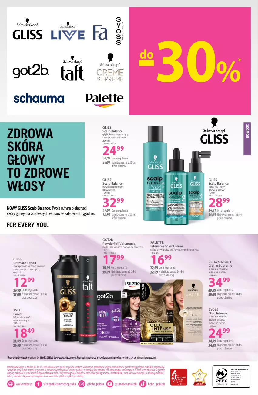 Gazetka promocyjna Hebe - Gazetka - ważna 04.05 do 18.05.2026 - strona 22 - produkty: Color Creme, Dres, Fa, Farba do włosów, Got2b, Gra, Lakier, Lakier do włosów, Mobil, Oleo, Palette, Papier, Puder, Rum, Schwarzkopf, Ser, Serum, Serum do włosów, Syoss, Szampon, Taft