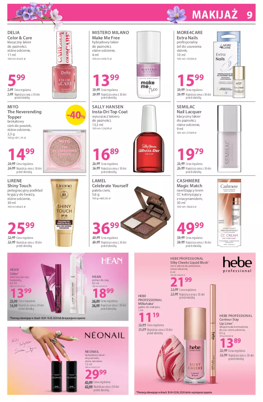 Gazetka promocyjna Hebe - Gazetka - ważna 04.05 do 18.05.2026 - strona 9 - produkty: Cień, Konturówka do ust, Lakier, Lakier do paznokci, Lirene, Makijaż, NeoNail, Paleta, Podkład, Sally Hansen, Top, Tusz, Wysuszacz lakieru