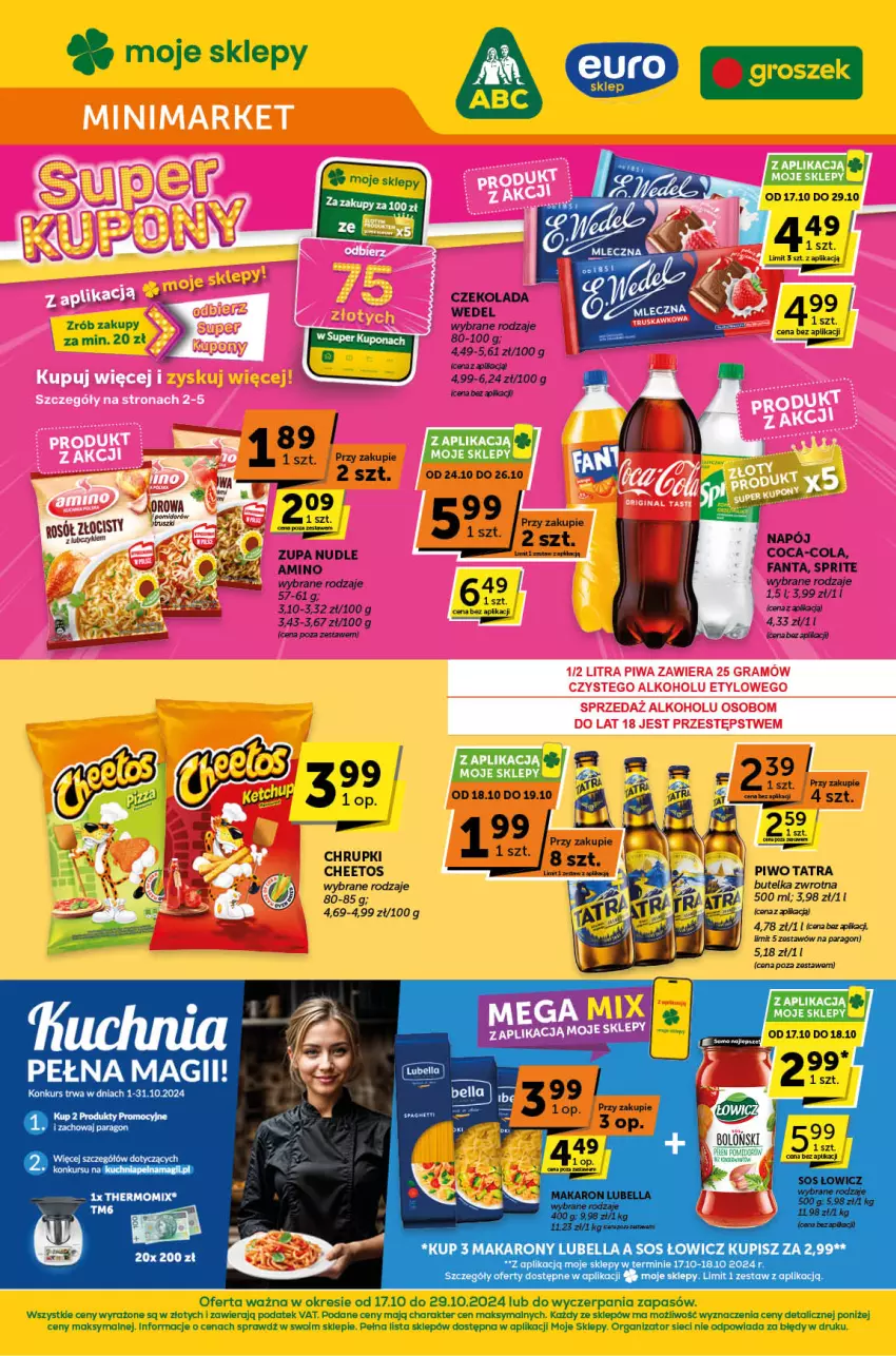 Gazetka promocyjna ABC - ważna 17.10 do 29.10.2024 - strona 1 - produkty: Bell, Bella, Cheetos, Chrupki, Coca-Cola, Czekolada, Fa, Fanta, Kuchnia, Lubella, Makaron, Napój, Piwo, Sos, Sprite, Tatra, Zupa