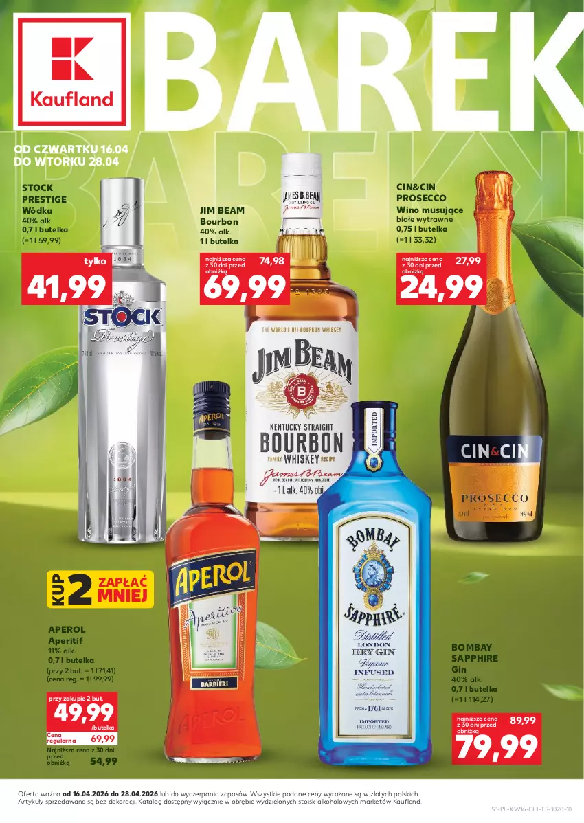 Gazetka promocyjna Kaufland - Barek Kauflandu - ważna 16.04 do 28.04.2026 - strona 1 - produkty: Aperol, Bourbon, Gin, Jim Beam, Mus, Prosecco, Stock, Wino, Wino musujące, Wódka