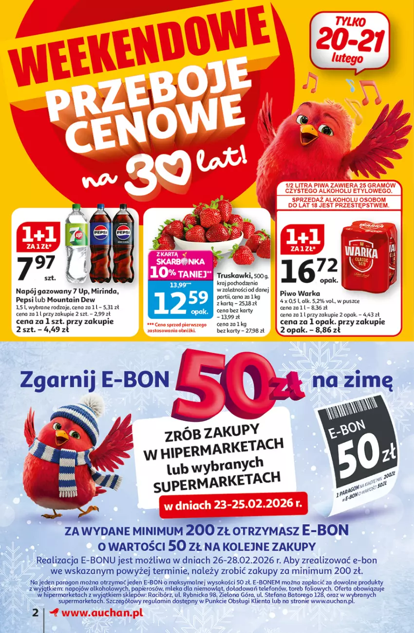 Gazetka promocyjna Auchan - 30 Lat Supermarket - ważna 19.02 do 25.02.2026 - strona 2 - produkty: Fa, Mirinda, Napój, Napój gazowany, Olej, Pepsi, Piwo, Sok, Telefon, Truskawki, Warka