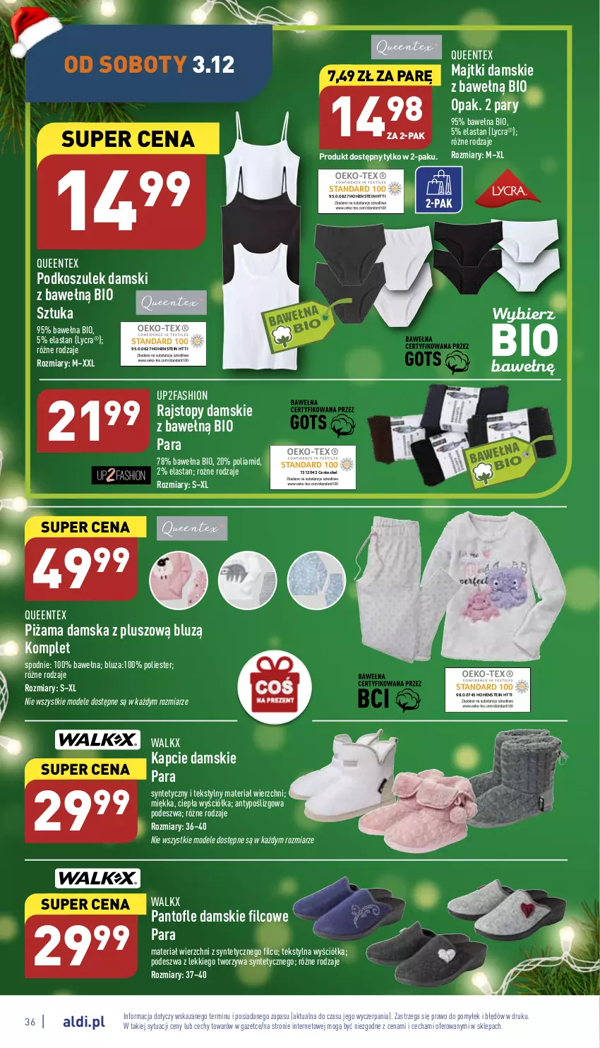 Gazetka promocyjna Aldi - Pełny katalog - ważna 28.11 do 03.12.2022 - strona 36 - produkty: Bluza, Fa, Kapcie, Kosz, Majtki, Piżama, Podkoszulek, Queentex, Rajstopy, Spodnie, Top, Wełna