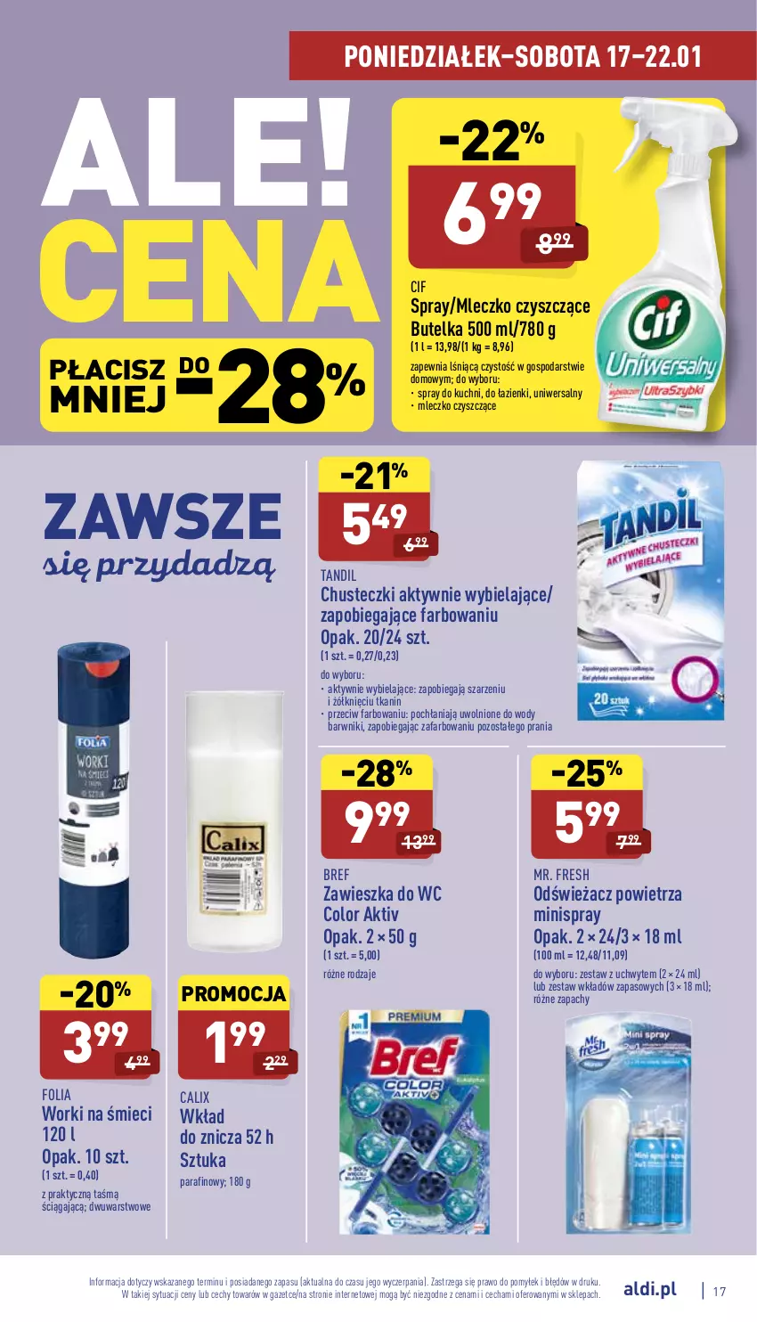 Gazetka promocyjna Aldi - Pełny katalog - ważna 17.01 do 22.01.2022 - strona 17 - produkty: Bref, Chusteczki, Cif, Fa, Mleczko, Odświeżacz powietrza, Worki na śmiec, Worki na śmieci, Zawieszka do wc, Znicz