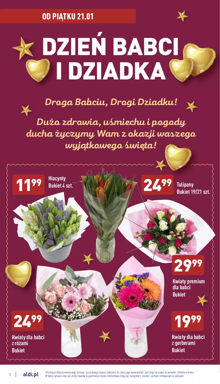 Gazetka promocyjna Aldi - Pełny katalog - ważna 17.01 do 22.01.2022 - strona 2 - produkty: Bukiet, Gerber, Hiacynt, Róża, Tulipan