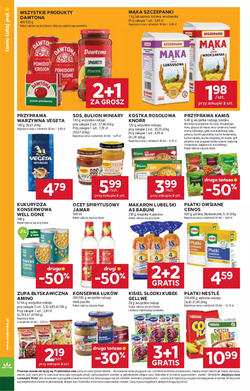 Gazetka promocyjna Stokrotka - Market - ważna 07.08 do 13.08.2025 - strona 16 - produkty: Babuni, Bulion, Cenos, Dawtona, Gra, Grill, Kamis, Kisiel, Knorr, Kubek, Kukurydza, Kukurydza konserwowa, Lazur, Lion, Mąka, Makaron, Mięso, Mus, Nestlé, Ocet, Owoce, Płatki owsiane, Ser, Sos, Torebka, Vegeta, Warzywa, Winiary, Zupa