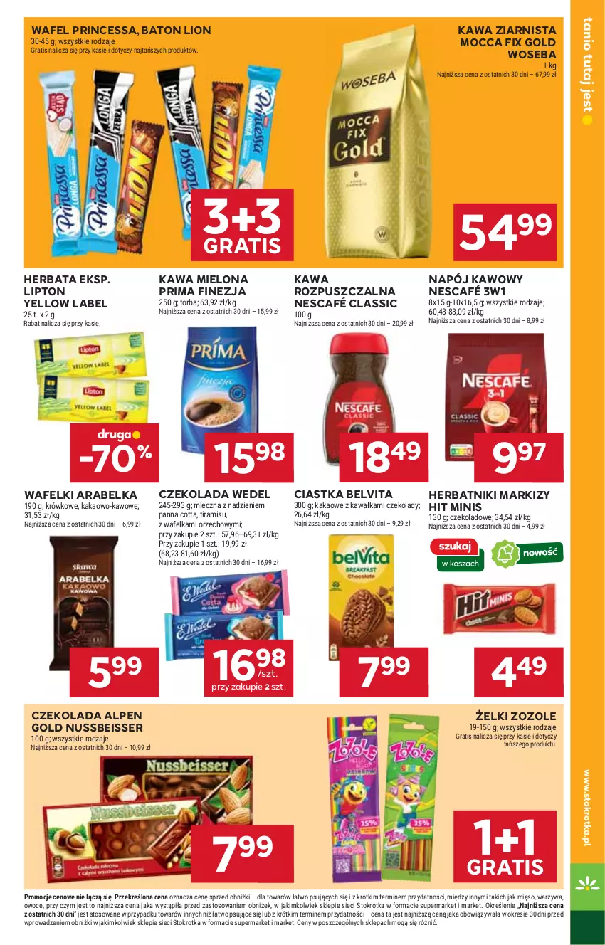 Gazetka promocyjna Stokrotka - Market - ważna 07.08 do 13.08.2025 - strona 17 - produkty: Baton, BelVita, Ciastka, Czekolada, Gra, Herbata, Herbatniki, Kakao, Kawa, Kawa mielona, Kawa rozpuszczalna, Kawa ziarnista, Lion, Lipton, Mięso, Mocca Fix Gold, Napój, Nescafé, Owoce, Panna cotta, Prima, Princessa, Ser, Torba, Warzywa, Woseba