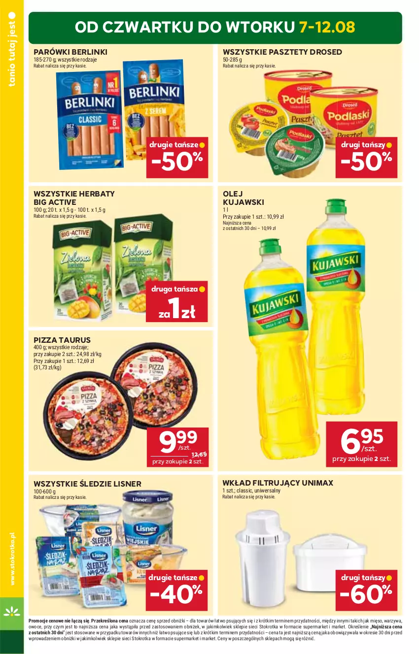 Gazetka promocyjna Stokrotka - Market - ważna 07.08 do 13.08.2025 - strona 2 - produkty: Berlinki, Kujawski, Lisner, Mięso, Olej, Owoce, Parówki, Pasztet, Pizza, Warzywa, Wkład filtrujący