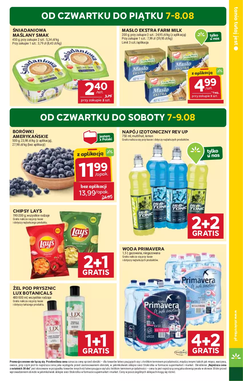 Gazetka promocyjna Stokrotka - Market - ważna 07.08 do 13.08.2025 - strona 3 - produkty: Chipsy, Danio, Fa, Farm Milk, Gra, Lay’s, Masło, Mięso, Napój, Napój izotoniczny, Owoce, Prima, Primavera, Warzywa, Woda