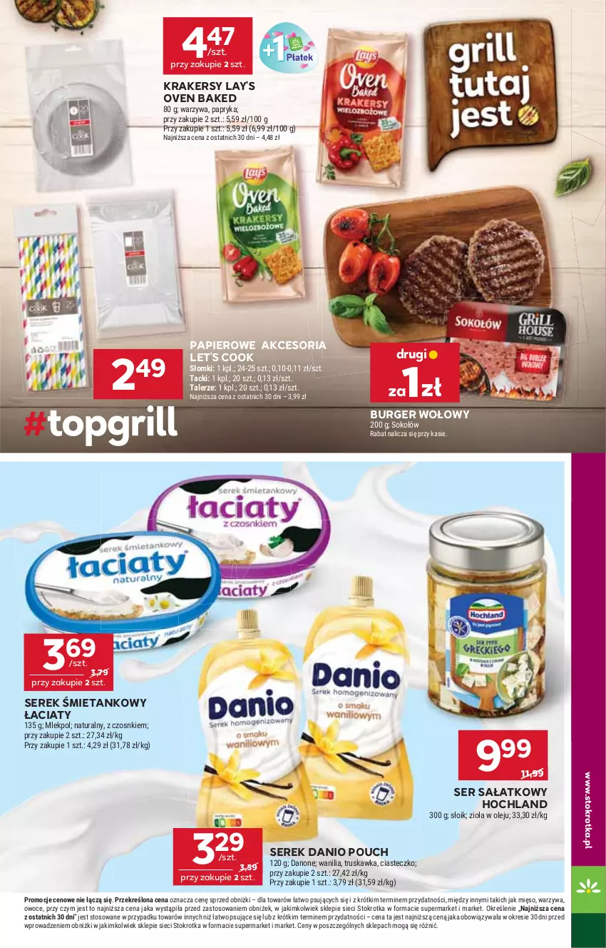 Gazetka promocyjna Stokrotka - Market - ważna 07.08 do 13.08.2025 - strona 5 - produkty: Burger, Danio, Danone, Hochland, Krakersy, Mięso, Olej, Owoce, Papier, Papryka, Sałat, Ser, Serek, Sok, Sokołów, Talerz, Warzywa