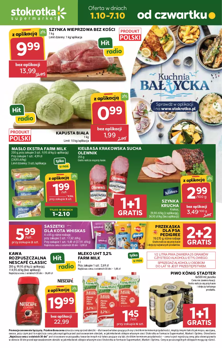 Gazetka promocyjna Stokrotka - Supermarket - ważna 01.10 do 07.10.2026 - strona 1 - produkty: Fa, Farm Milk, Gra, Kawa, Kawa rozpuszczalna, Kiełbasa, Kiełbasa krakowska, König, Krakus, Masło, Mięso, Mleko, Nescafé, Olewnik, Optima, Owoce, Pedigree, Piwa, Piwo, Szynka, Szynka wieprzowa, Warzywa, Whiskas