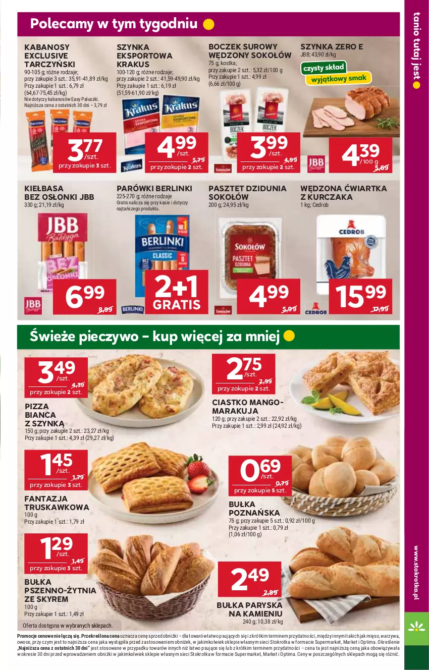 Gazetka promocyjna Stokrotka - Supermarket - ważna 01.10 do 07.10.2026 - strona 15 - produkty: Berlinki, Boczek, Bułka, Fa, Fanta, Gra, Kabanos, Kiełbasa, Krakus, Kurczak, Mango, Mięso, Optima, Owoce, Parówki, Pasztet, Piec, Pieczywo, Pizza, Por, Sok, Sokołów, Sport, Szynka, Tarczyński, Warzywa