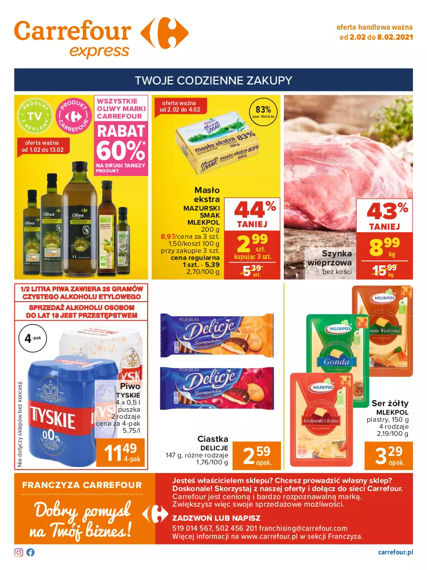 Gazetka promocyjna Carrefour - Gazetka Express - ważna 01.02 do 08.02.2021 - strona 2 - produkty: Ciastka, Delicje, Gra, Kosz, Masło, Piwa, Piwo, Ser, Szynka, Szynka wieprzowa, Tyskie