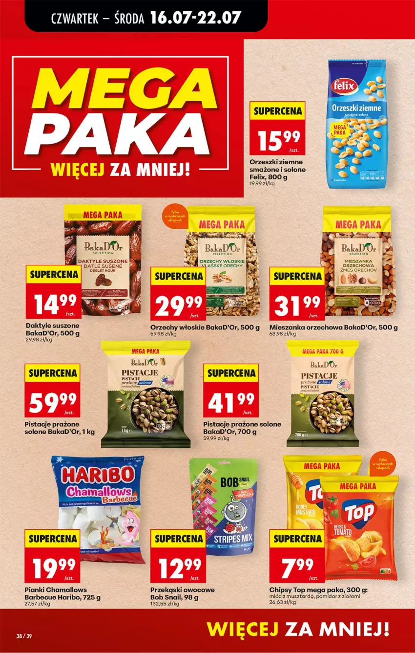 Gazetka promocyjna Biedronka - Od Czwartku - ważna 16.07 do 18.07.2026 - strona 52 - produkty: Chipsy, Daktyle, Felix, Hama, Haribo, Mieszanka orzechowa, Miód, Mus, Orzechy włoskie, Orzeszki, Orzeszki ziemne, Pistacje, Solan, Top