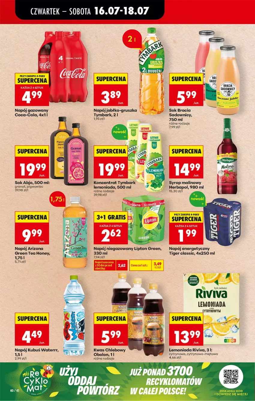 Gazetka promocyjna Biedronka - Od Czwartku - ważna 16.07 do 18.07.2026 - strona 54 - produkty: Chleb, Coca-Cola, Fa, Gra, Granat, Herbapol, Kubuś, Kubuś Waterrr, Lemoniada, Lipton, Napój, Napój energetyczny, Napój gazowany, Napój niegazowany, Pigwowiec, Sok, Syrop, Tiger, Tymbark