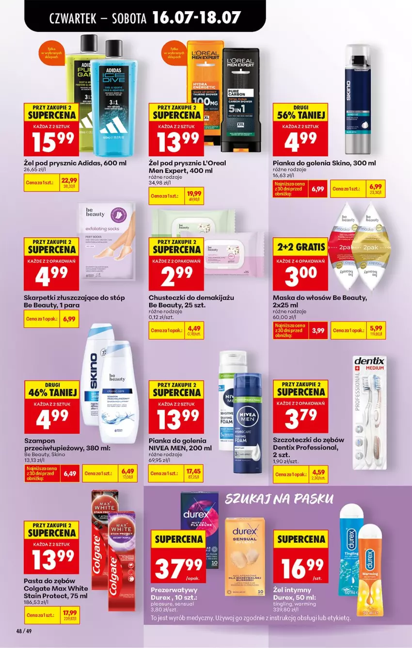 Gazetka promocyjna Biedronka - Od Czwartku - ważna 16.07 do 18.07.2026 - strona 66 - produkty: Adidas, Be Be, Chusteczki, Colgate, Durex, Fa, Gra, Karp, LG, Maska, Maska do włosów, Nivea, Nivea Men, Pasta do zębów, Pianka do golenia, Pur, Skarpetki, Sos, Szampon
