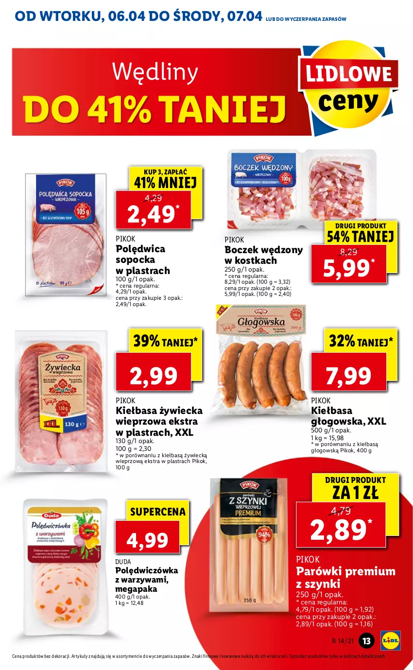 Gazetka promocyjna Lidl - GAZETKA - ważna 06.04 do 07.04.2021 - strona 13 - produkty: Boczek, Duda, Kiełbasa, Kiełbasa głogowska, Parówki, PIKOK, Polędwica, Por, Warzywa