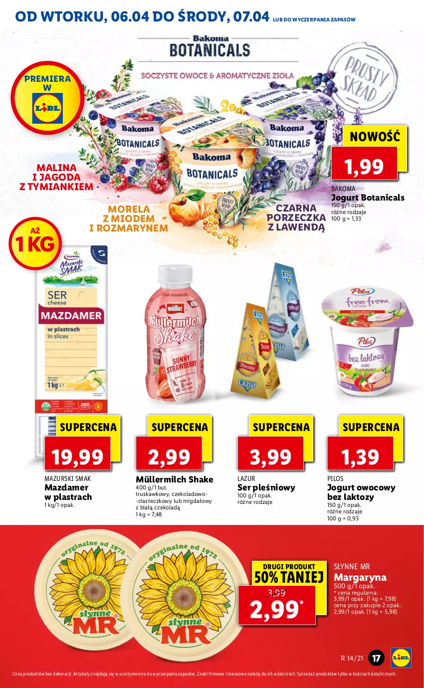 Gazetka promocyjna Lidl - GAZETKA - ważna 06.04 do 07.04.2021 - strona 17 - produkty: Bakoma, Jogurt, Jogurt owocowy, Lazur, Margaryna, Mazdamer, Morela, Müller, Müllermilch, Pilos, Por, Ser, Ser pleśniowy, Słynne