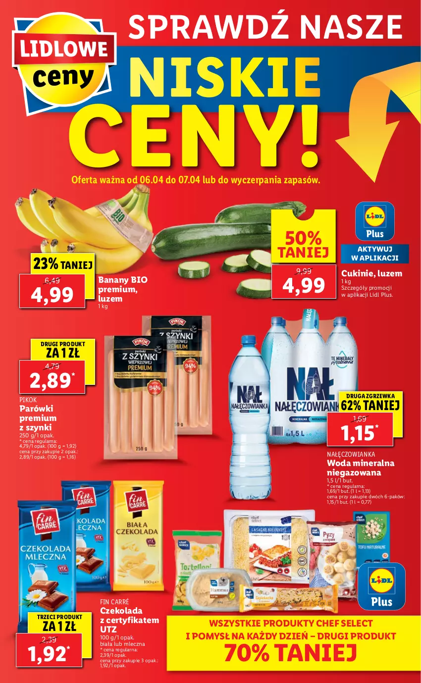 Gazetka promocyjna Lidl - GAZETKA - ważna 06.04 do 07.04.2021 - strona 48 - produkty: Banany, Czekolada, Nałęczowianka, Parówki, PIKOK, Woda, Woda mineralna