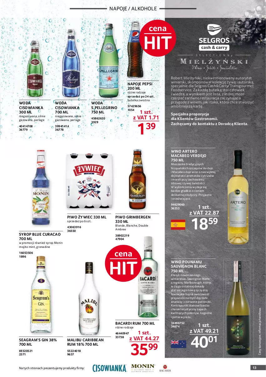 Gazetka promocyjna Selgros - Oferta gastronomiczna - ważna 24.06 do 07.07.2021 - strona 13 - produkty: Alkohole, Ananas, Bacardi, Cisowianka, Gin, Gra, LG, Malibu, Napoje, Pepsi, Piwo, Por, Rum, Sauvignon Blanc, Ser, Syrop, Tran, Wino, Woda