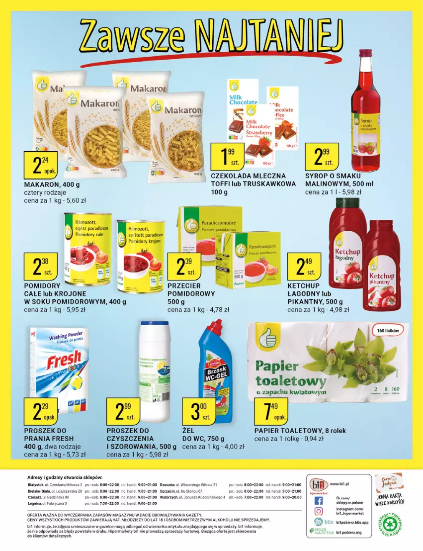 Gazetka promocyjna Bi1 - Wakacyjne pragnienie - ważna 01.06 do 07.06.2022 - strona 20 - produkty: Czekolada, Czekolada mleczna, Dres, Fa, Gra, Ketchup, Makaron, Papier, Papier toaletowy, Pomidory, Rurki, Sok, Syrop, Zott