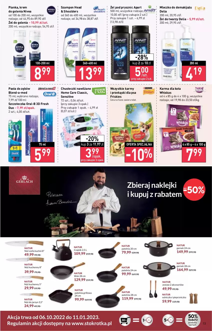 Gazetka promocyjna Stokrotka - Katalog Jesienne Inspiracje - ważna 13.10 do 26.10.2022 - strona 13 - produkty: Blend-a-Med, Chusteczki, Friskies, Krem do golenia, Makijaż, Mleczko, Nivea, Pasta do zębów, Przekąski dla psa, Szampon, Szczoteczka, Whiskas