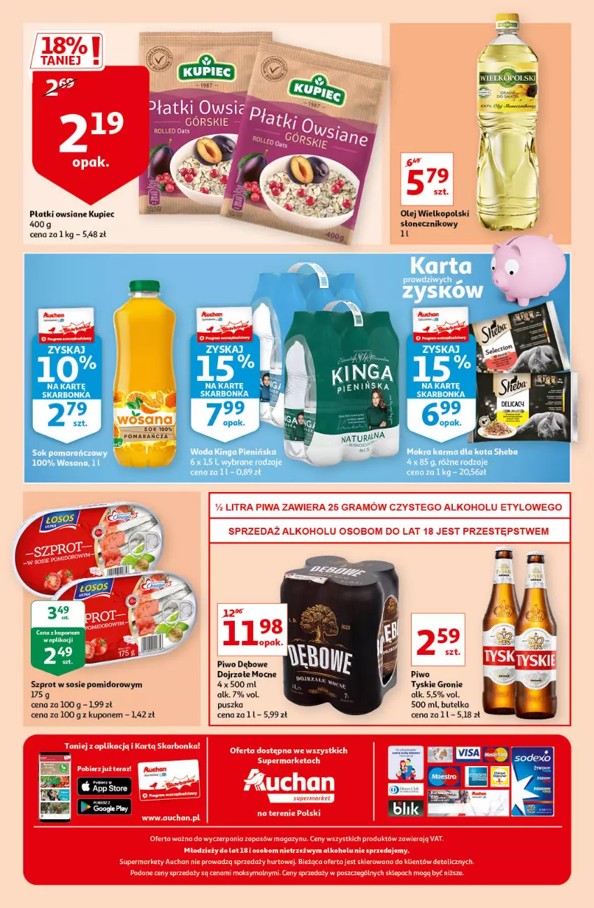 Gazetka promocyjna Auchan - Pięknego Dnia Kobiet Supermarkety - ważna 04.03 do 10.03.2021 - strona 8 - produkty: Gry, Kupiec, Olej, Piec, Piwo, Płatki owsiane, Sok, Sok pomarańczowy, Sos, Szprot, Szprot w sosie, Tyskie, Woda, Wosana