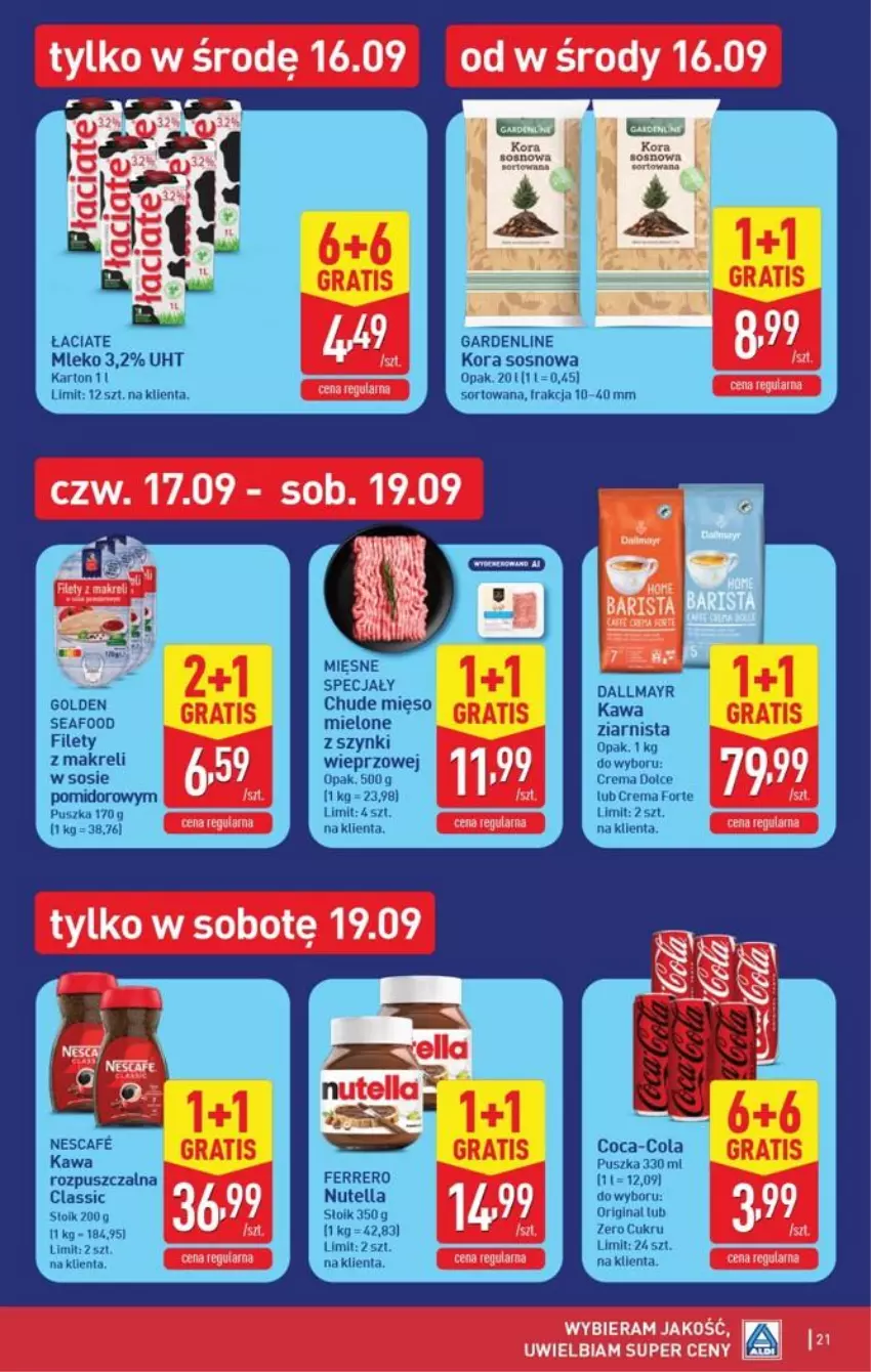 Gazetka promocyjna Aldi - Pełna oferta - ważna 14.09 do 19.09.2026 - strona 21 - produkty: Coca-Cola, Dallmayr, Ferrero, Golden Seafood, Kawa, Kawa ziarnista, LG, Mięsne specjały, Mięso, Mięso mielone, Mięso mielone z szynki, Mleko, Nutella, Sos