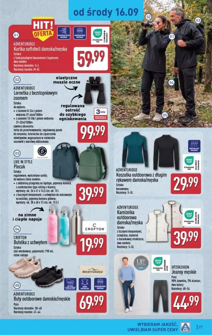 Gazetka promocyjna Aldi - Pełna oferta - ważna 14.09 do 19.09.2026 - strona 27 - produkty: Buty, Fa, Kamizelka, Kosz, Koszulka, Lornetka, Mus, Napoje, Obiektyw, Pasek, Plecak, Top, Torba