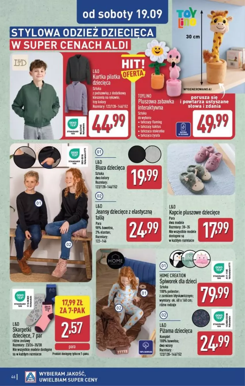 Gazetka promocyjna Aldi - Pełna oferta - ważna 14.09 do 19.09.2026 - strona 46 - produkty: Bluza, Dzieci, Fa, Kapcie, Karp, Piwo, Piżama, Róża, Skarpetki, Wełna
