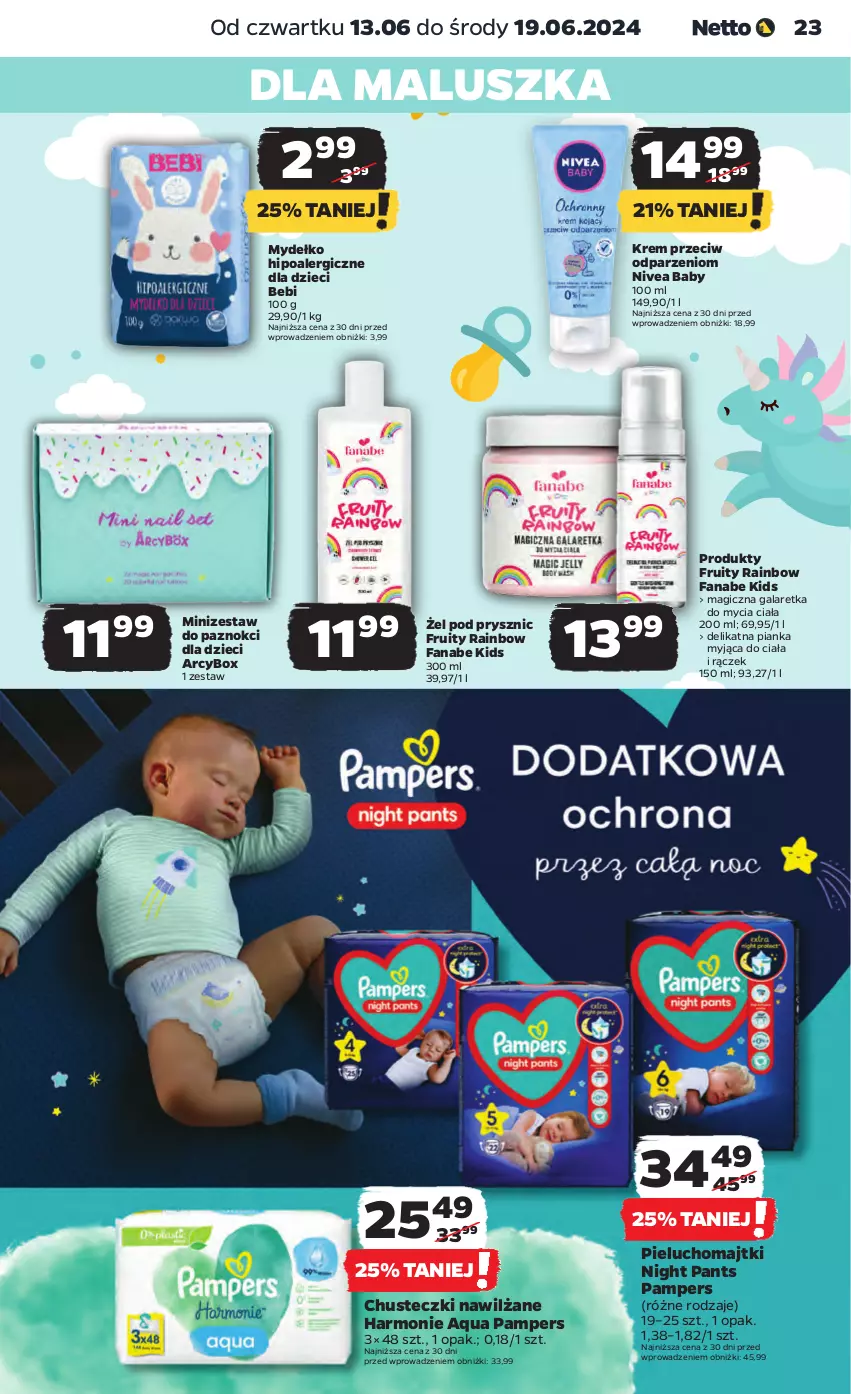 Gazetka promocyjna Netto - Od Czwartku - ważna 13.06 do 19.06.2024 - strona 23 - produkty: Chusteczki, Dzieci, Fa, Gala, Galaretka, Majtki, Nivea, Nivea Baby, Pampers, Pieluchomajtki, Zestaw do paznokci