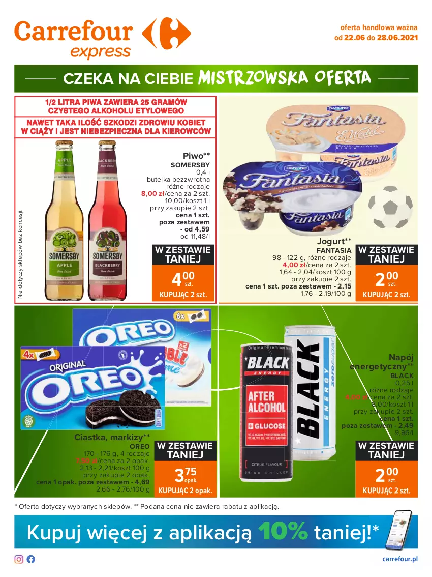 Gazetka promocyjna Carrefour - Gazetka Express - ważna 21.06 do 28.06.2021 - strona 1 - produkty: Ciastka, Fa, Fanta, Gra, Jogurt, Kosz, Lack, Napój, Napój energetyczny, Oreo, Piec, Piwa, Piwo, Somersby