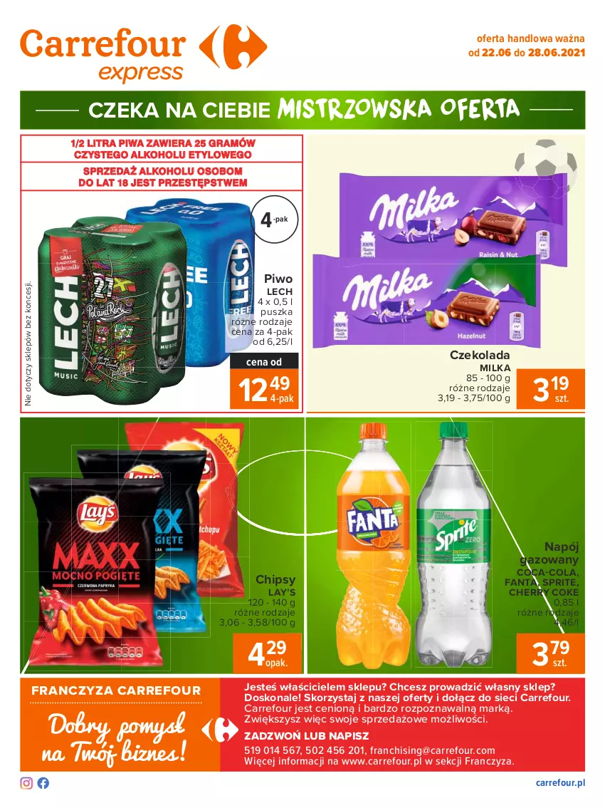 Gazetka promocyjna Carrefour - Gazetka Express - ważna 21.06 do 28.06.2021 - strona 2 - produkty: Chipsy, Coca-Cola, Czekolada, Fa, Fanta, Gra, Lay’s, Milka, Napój, Napój gazowany, Piwa, Piwo, Sprite