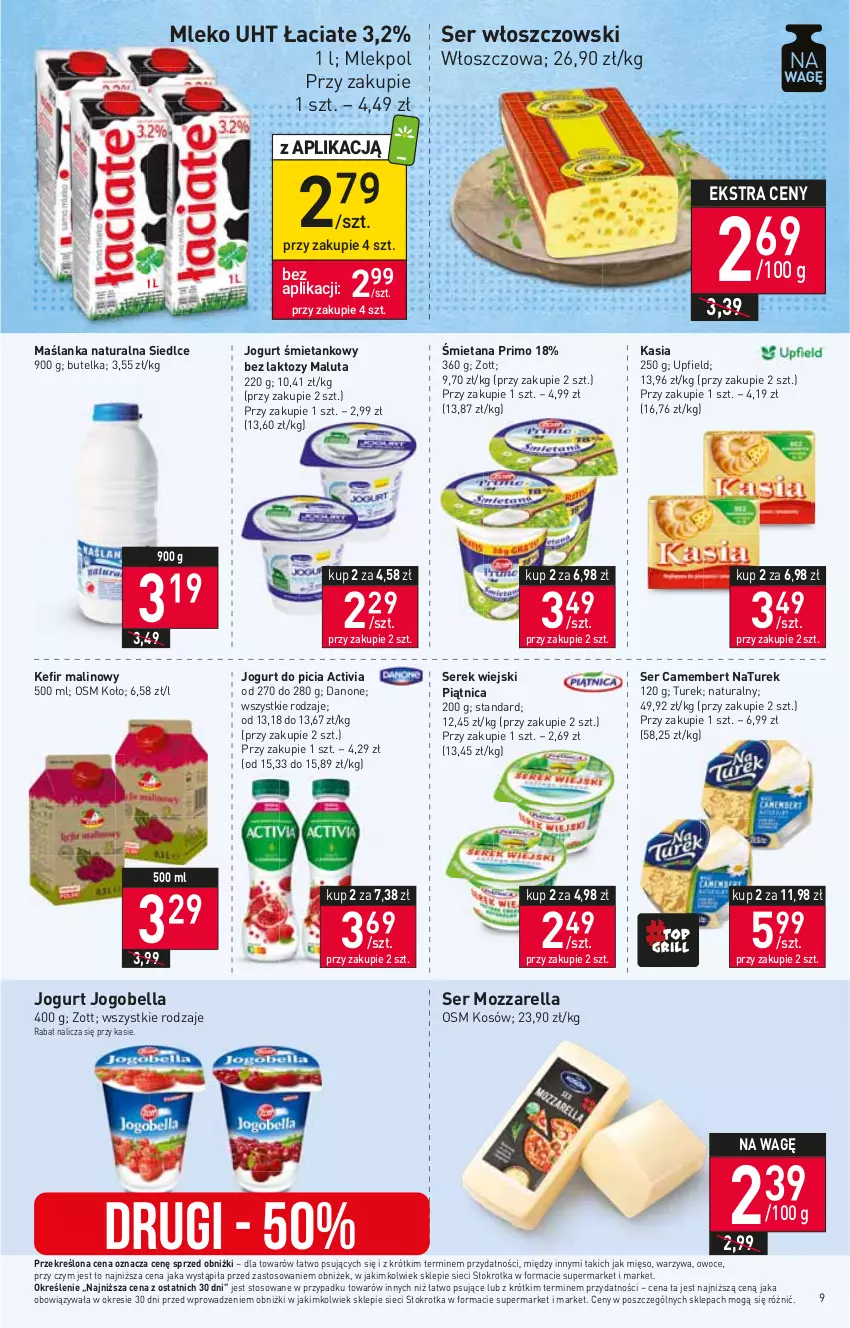 Gazetka promocyjna Stokrotka - Supermarket - ważna 22.06 do 28.06.2023 - strona 9 - produkty: Activia, Bell, Bella, Camembert, Danone, Jogobella, Jogurt, Kasia, Kefir, Maślanka, Mięso, Mleko, Mozzarella, NaTurek, Owoce, Piątnica, Ser, Serek, Serek wiejski, Warzywa, Włoszczowski, Zott