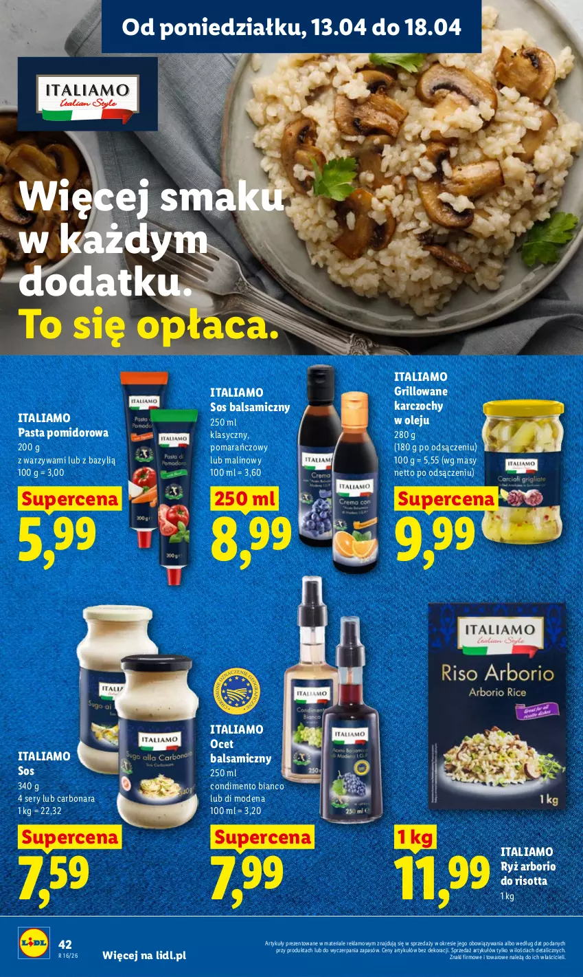 Gazetka promocyjna Lidl - Gazetka ważna od 13.04 do 15.04 - ważna 13.04 do 15.04.2026 - strona 42 - produkty: Bazyl, Grill, Karczochy, Ocet, Ocet balsamiczny, Olej, Ryż, Ser, Sos, Warzywa