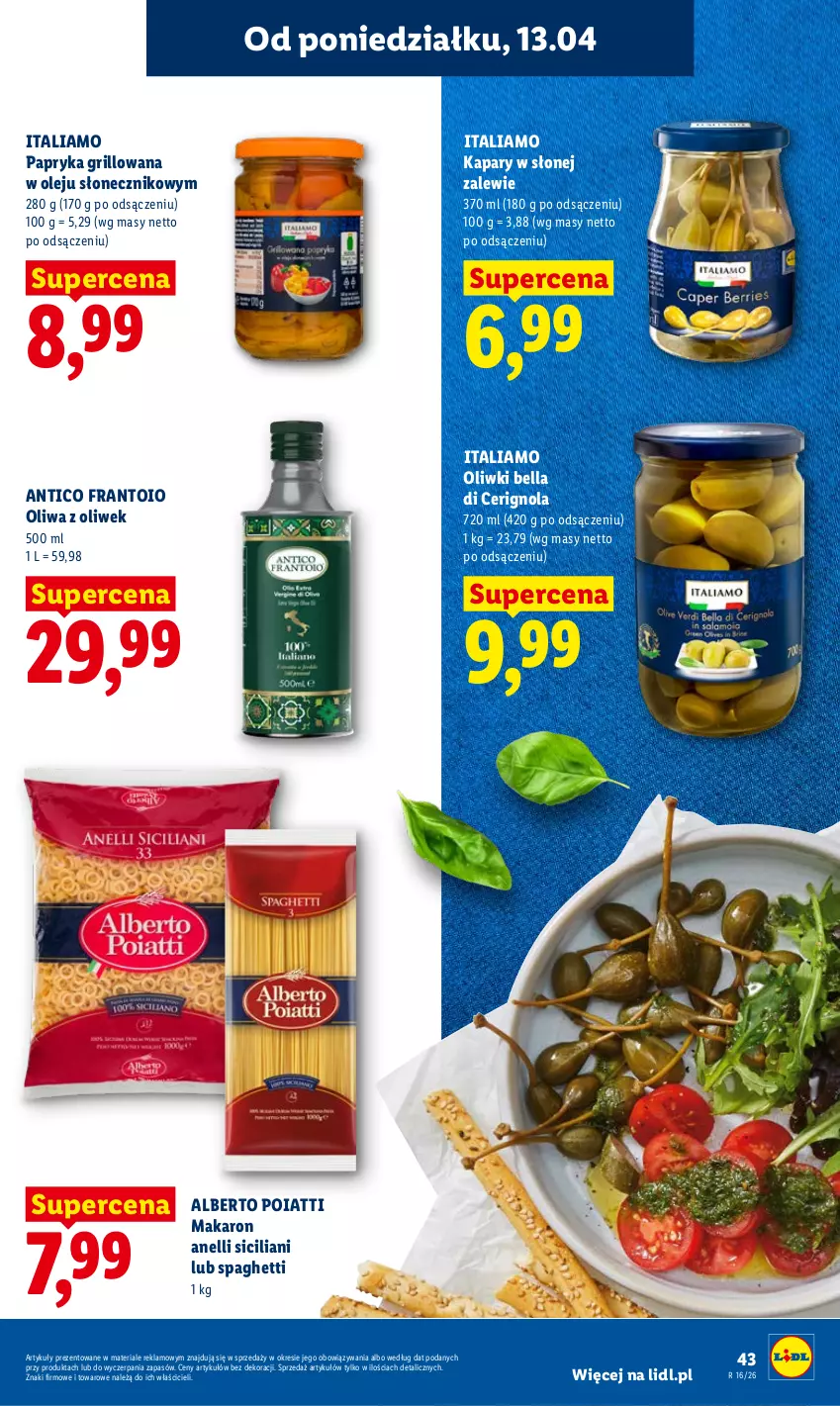Gazetka promocyjna Lidl - Gazetka ważna od 13.04 do 15.04 - ważna 13.04 do 15.04.2026 - strona 43 - produkty: Bell, Bella, Grill, Kapary, Makaron, Olej, Oliwa, Oliwa z oliwek, Oliwki, Papryka, Papryka grillowana, Spaghetti