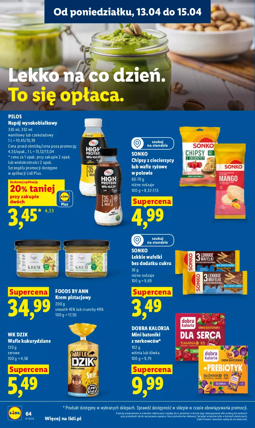 Gazetka promocyjna Lidl - Gazetka ważna od 13.04 do 15.04 - ważna 13.04 do 15.04.2026 - strona 70 - produkty: Baton, Chipsy, Krem pistacjowy, Napój, Pilos, Ryż, Ser, Sok, Sonko, Tonik, Wafle