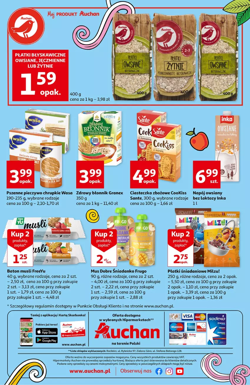 Gazetka promocyjna Auchan - Rysuje się pyszne śniadanie Hipermarkety - ważna 26.08 do 01.09.2021 - strona 3 - produkty: Baton, Chrupki, Danio, Fa, Gra, Inka, Milzu, Mus, Napój, Oleo, Piec, Pieczywo, Pieczywo chrupkie, Sante, Ser, Tera, Wasa